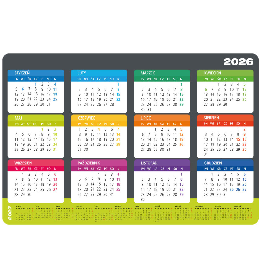 Podkładka pod myszkę z kalendarzem 2026 2027 wielkość 30x20cm