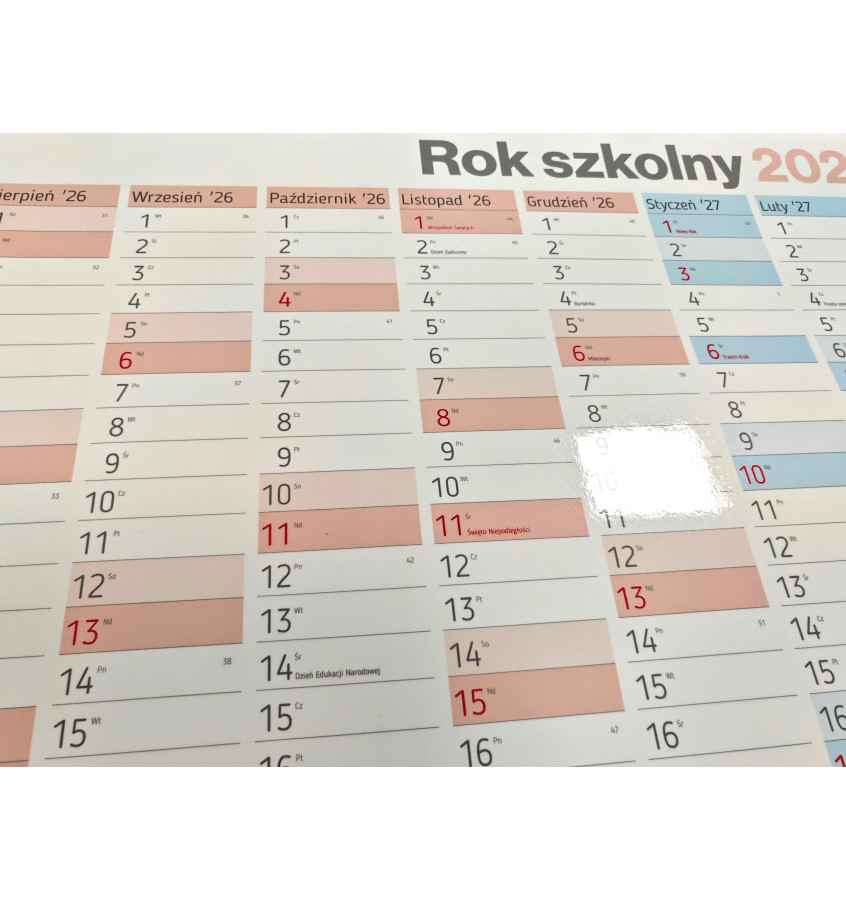 Suchościeralny kalendarz B0 na rok SZKOLNY 2026/27 144x102 cm