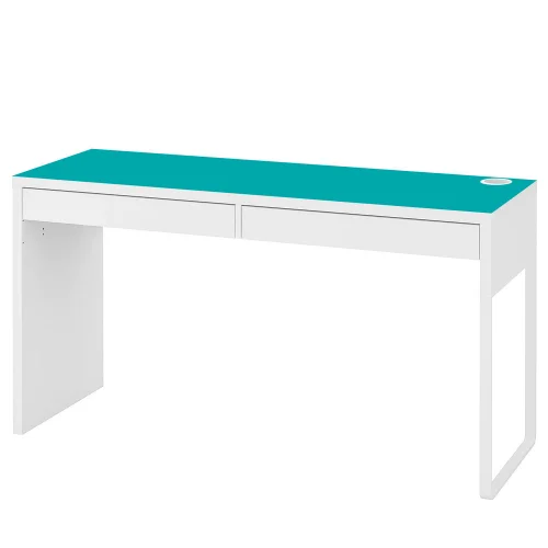 Białe biurko MICKE 142x50cm z antypośłizgową matą w kolorze turkusowym