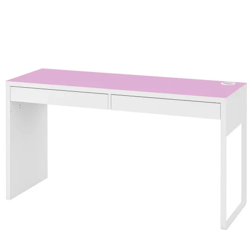 Białe biurko Micke z różową antypośłizgową podkładką 142x50cm