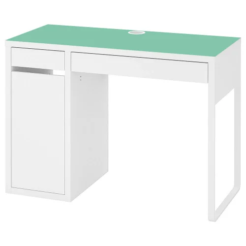 Białe biurko MICKE z matą elastyczną w miętowym kolorze 105x50cm otwór na kable 