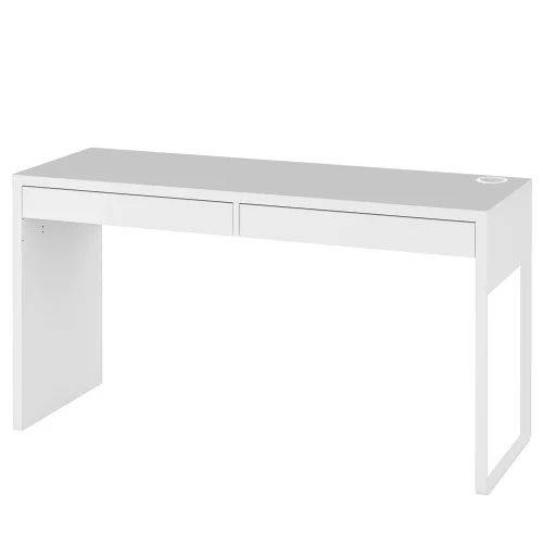 Białe biurko MICKE z szarą antypośłizgową podkładką 142x50cm