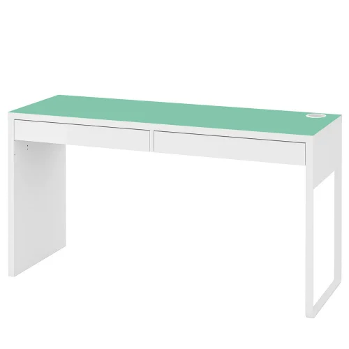 Białe biurko micke z miętową antypślizgową matą 142x50cm