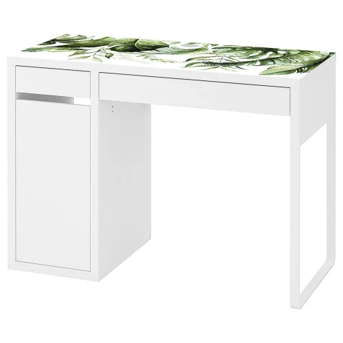 Białe biurko MICKE z podkładką elastyczną egzotyczne liście 105x50cm