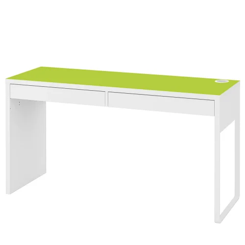 Białe biurko MICKE z Ikea 142x50cm z zieloną podkładką ochronną