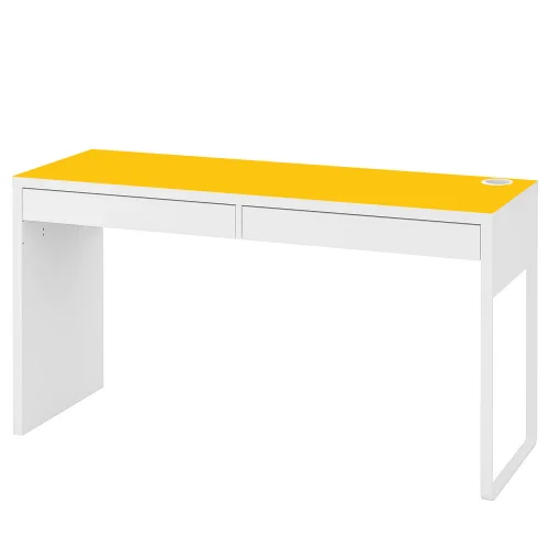 Białe biurko MICKE 142x50cm z elastyczną zółtą podkładką